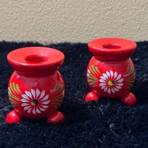 Sweden Hand-Painted Red Wooden Mini Candle Holders Floral Daisy